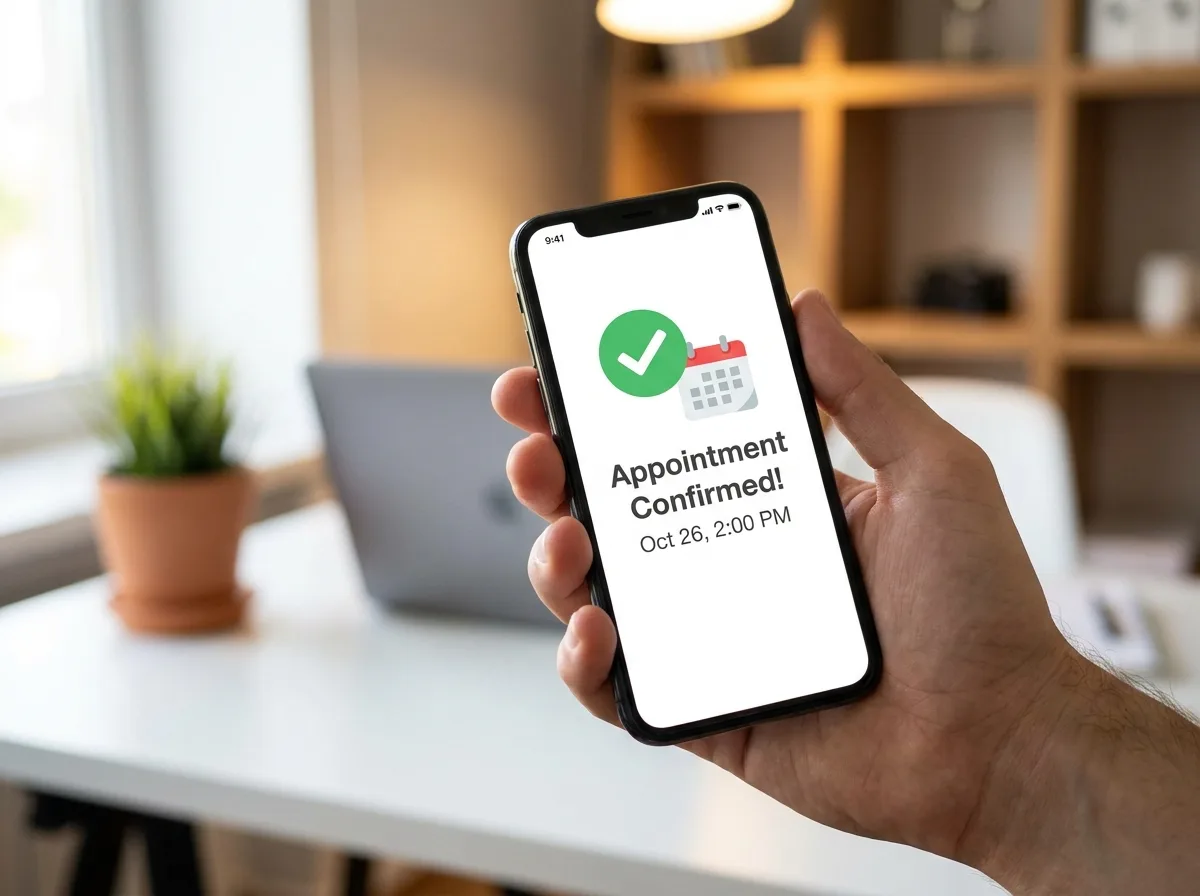 Minimal 3D render on white of a multi-step lead form funnel filtering figures into a booked-calendar card, mint-green accents, techy and clean.